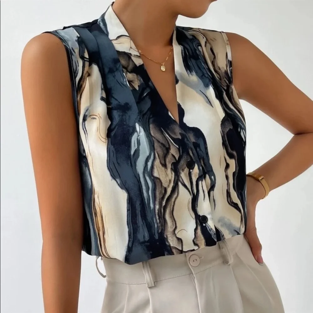 Marble Print Button Sleeveless Top Blouse Shirt - Picture 2 of 4